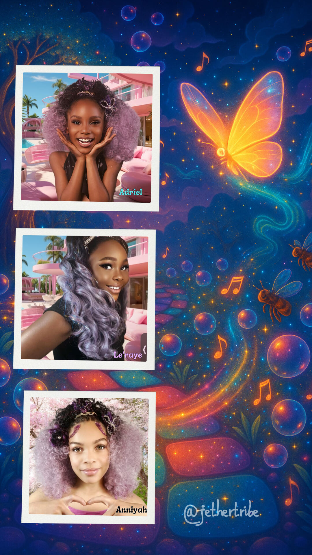 JetherTribe “One spins the rhythm. One sees the way. One styles the magic.” Together, they are the heartbeat of the Bubbleverse.